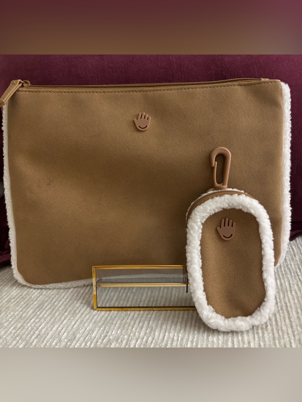 Touchland Shearling Touchette Pouch Set Chestnut Brown Travel Case + Clip Pouch